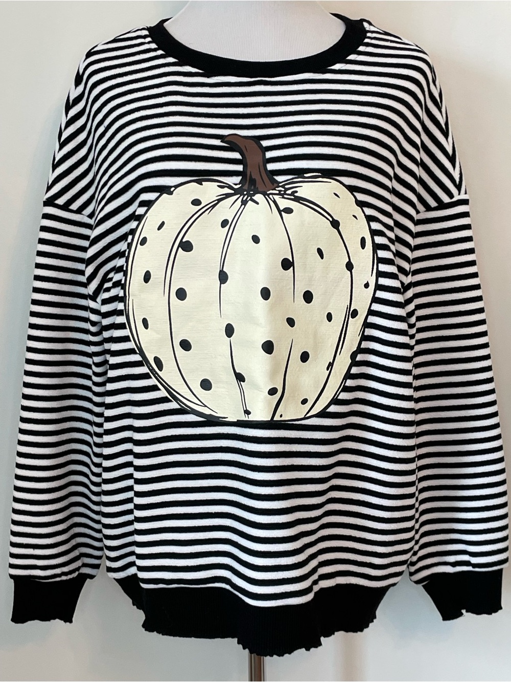 Striped Black & White Sweater with Polka Dot Pumpkin